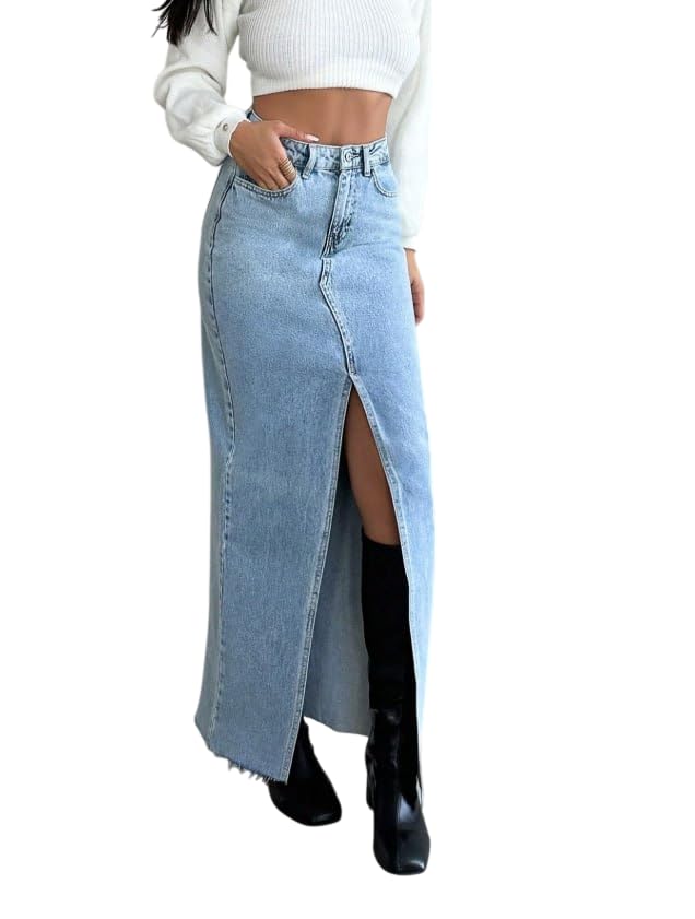 High-Waisted Front Slit Denim Maxi Skirt
