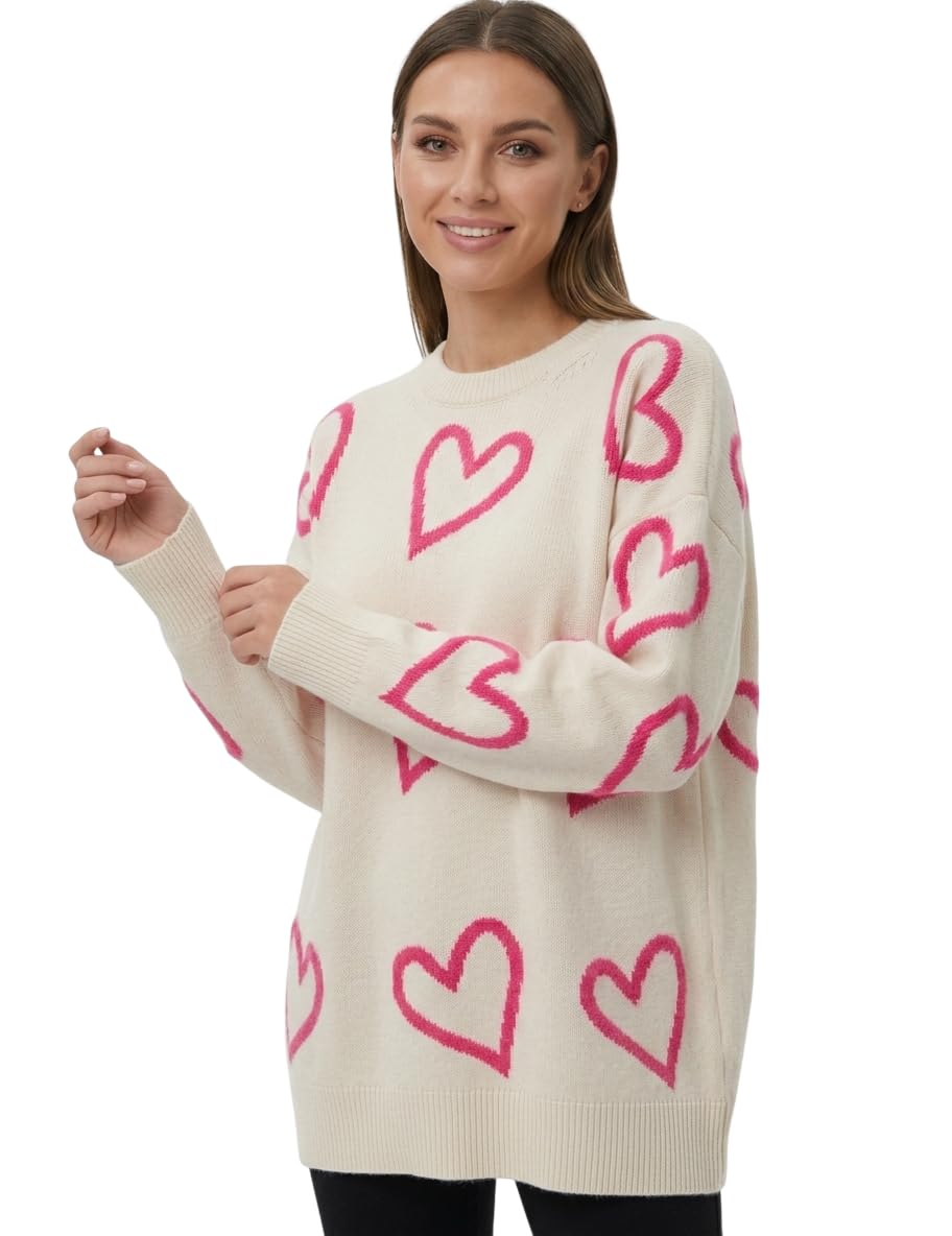 Oversized Heart Knit Sweater - Cream & Pink