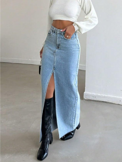 High-Waisted Front Slit Denim Maxi Skirt