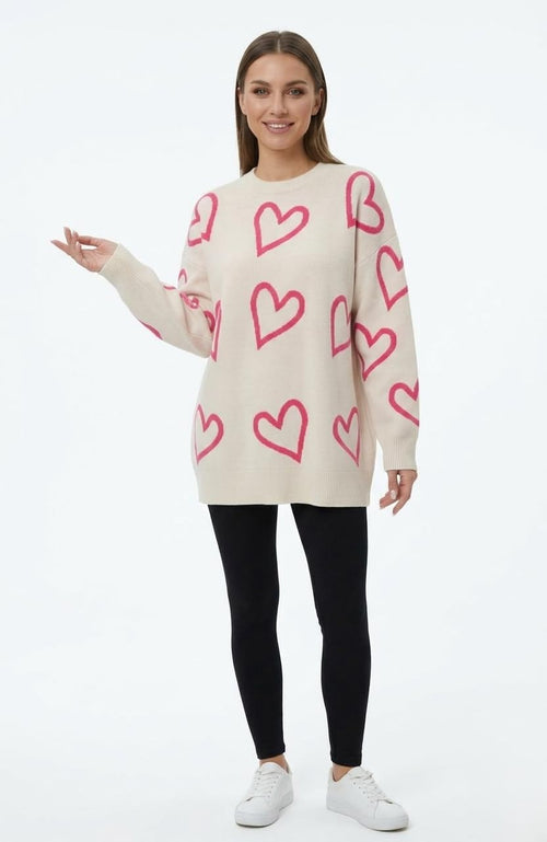 Oversized Heart Knit Sweater - Cream & Pink