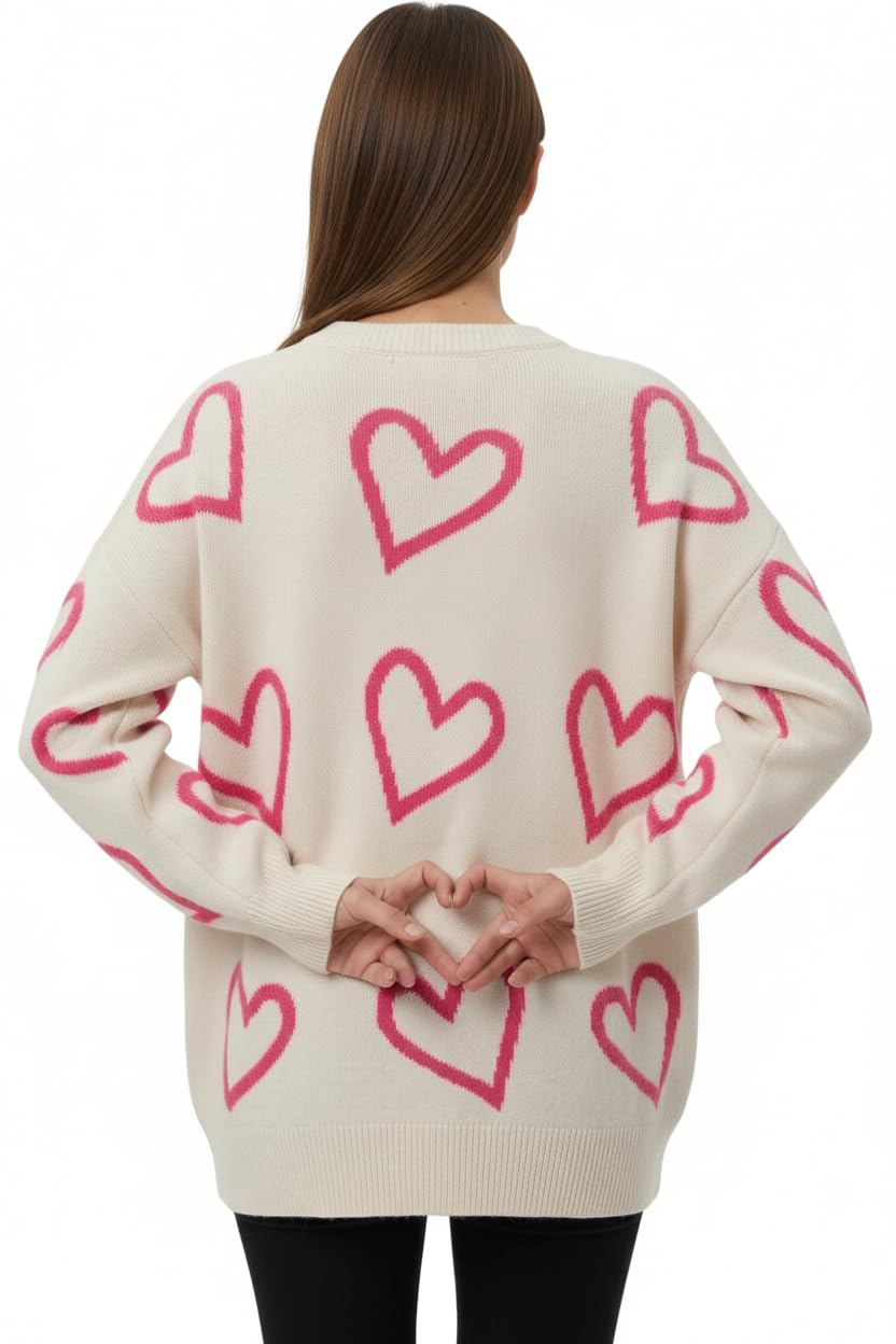 Oversized Heart Knit Sweater - Cream & Pink