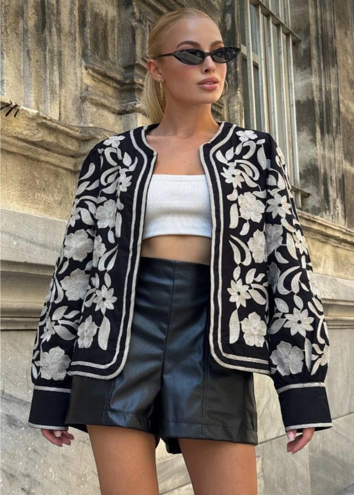 Floral Embroidered Open-Front Blazer