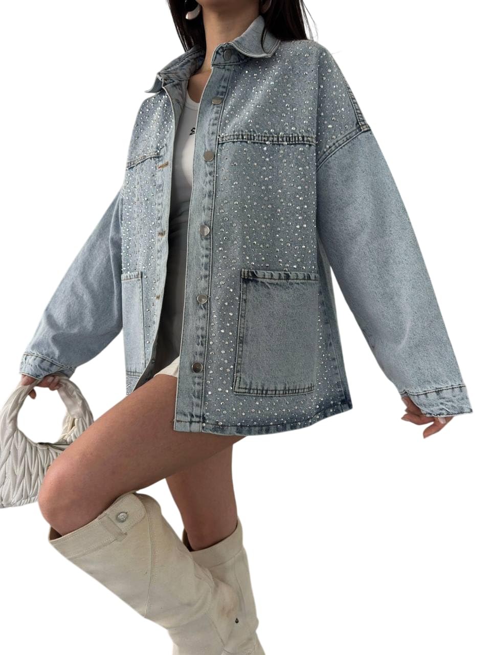 Rhinestone Embellished Oversized Denim Jacket