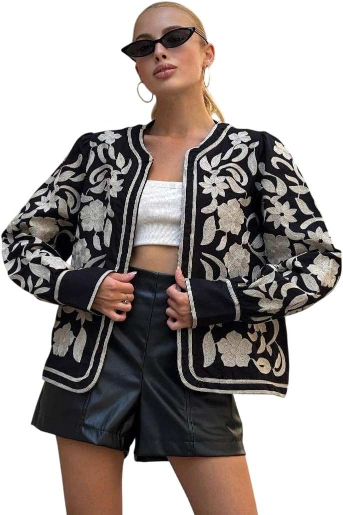 Floral Embroidered Open-Front Blazer