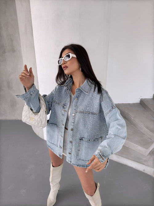 Rhinestone Embellished Oversized Denim Jacket