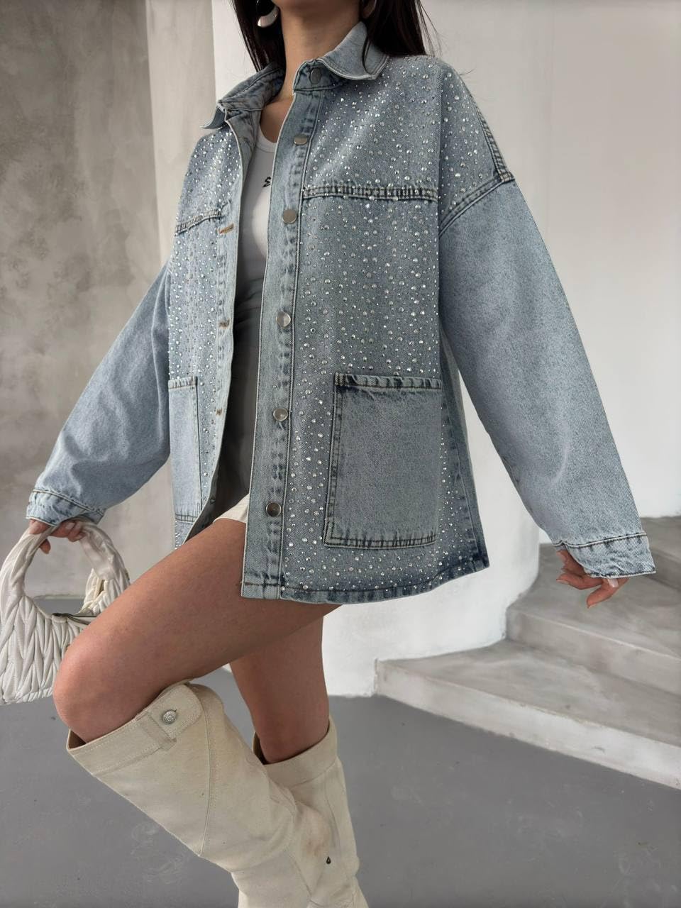 Rhinestone Embellished Oversized Denim Jacket