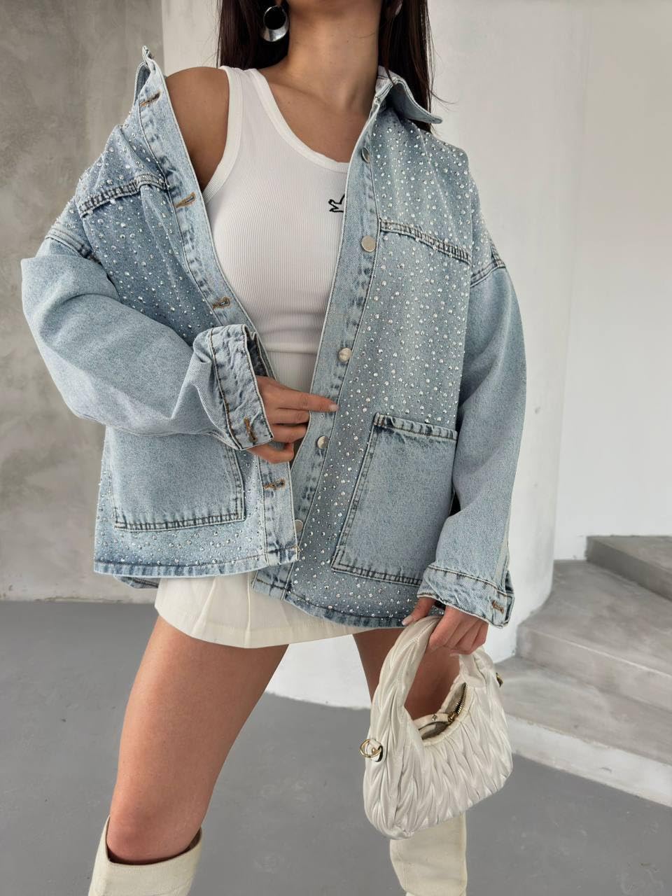 Rhinestone Embellished Oversized Denim Jacket