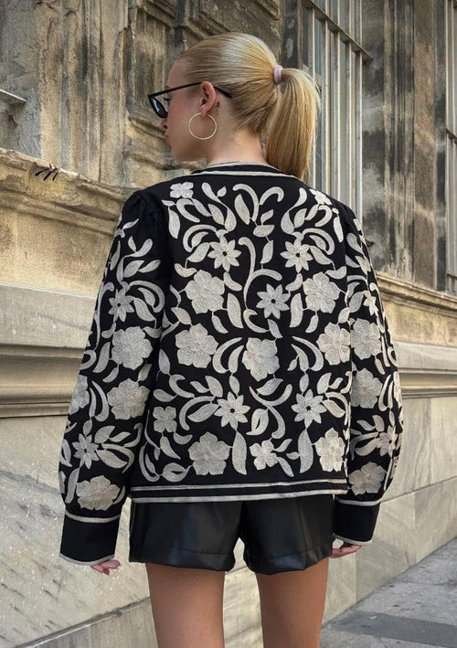 Floral Embroidered Open-Front Blazer