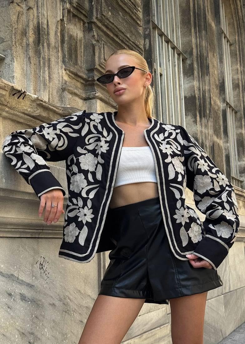 Floral Embroidered Open-Front Blazer